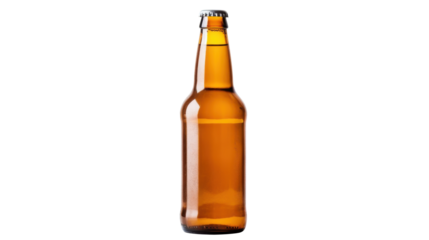 A tall glass bottle filled with amber liquid stands upright against a plain background. The minimalist setting highlights the bottle's shape and color