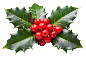close up of holly leaves with red berries on a transparent background