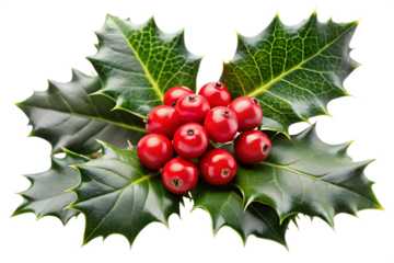 close up of holly leaves with red berries on a transparent background