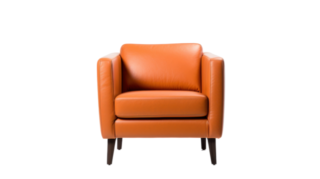This orange armchair features a contemporary design with plush cushions, perfect for adding a pop of color to a living room or office. Its sleek lines and sturdy legs ensure both comfort and style