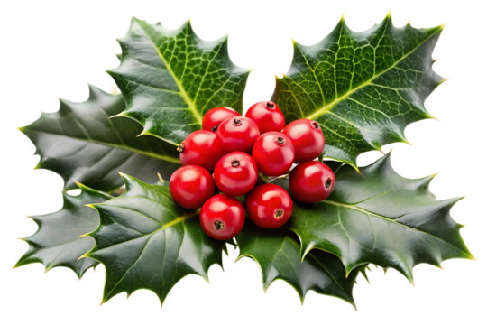 close up of holly leaves with red berries on a transparent background