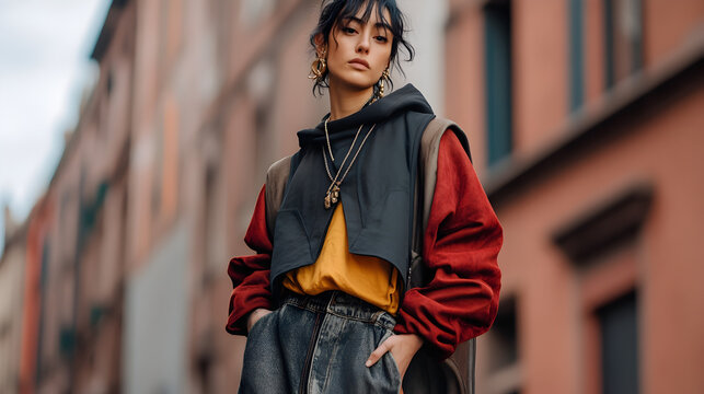 influencer rocking a medieval doublet layered over a trendy cropped hoodie and baggy jeans 