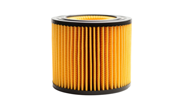 This detailed air filter showcases a cylindrical design with vibrant yellow pleats, intended for use in vehicles for maintaining engine efficiency.cut out