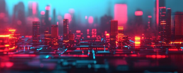 Fototapeta premium Futuristic Cyber Cityscape with Neon Lights and Depth