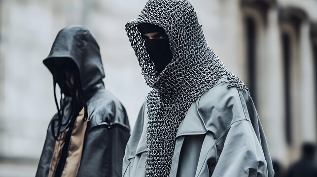 streetwear look featuring a medieval chainmail hood matched with trendy oversized jackets and sneakers 