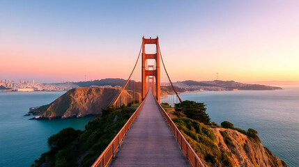 Obraz premium Golden Gate Bridge sunrise, San Francisco bay, cityscape background, travel postcard