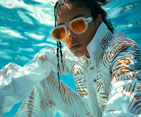 A model in an oversized orange-lensed eyewear and a bold-patterned jacket poses underwater. High-fashion underwater editorial with reflective water textures and futuristic styling.