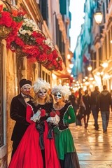 A festive Venetian carnival evening with diverse people in traditional masks, glowing lanterns, canals, and historic architecture.