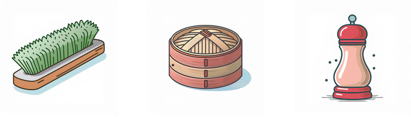 Illustration of a cleaning brush, a steamer basket, and a pepper grinder.  These are kitchen items.