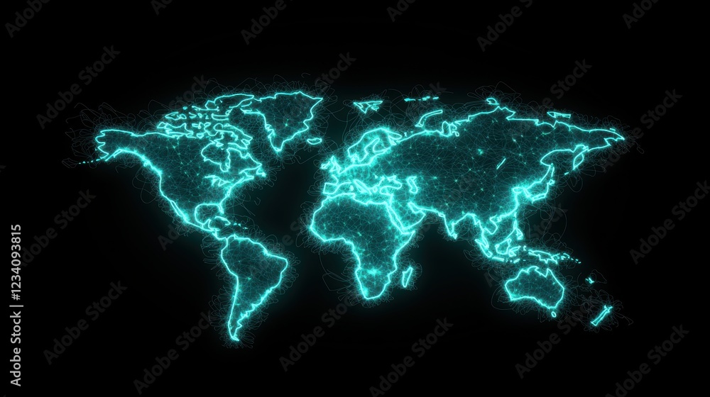 Poster global network world map with vibrant lines connecting major cities, glowing points representing dat