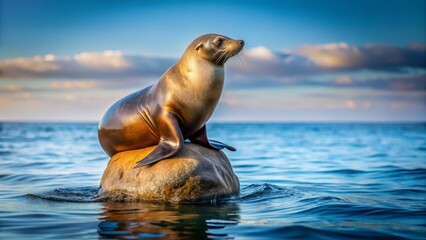 Fototapeta premium Seal Resting on a Rock Above Calm Ocean Waters at Sunset