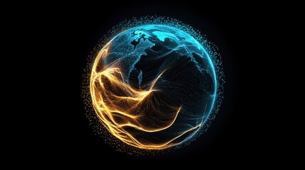 Naklejka premium Global Network Rotating globe with dynamic lines and particles flowing between continents, colorful visualization, dark background, represents global communication