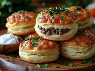plate of delicious puff pastry topped with minced meat and cheese, garnished with chopped parsley. Accompanying the dish are small bowls of condiments, including a red sauce and a white sauce