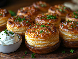 plate of delicious puff pastry topped with minced meat and cheese, garnished with chopped parsley. Accompanying the dish are small bowls of condiments, including a red sauce and a white sauce