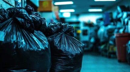 Black Garbage Bags in Dimly Lit Indoor Space with Cluttered Background