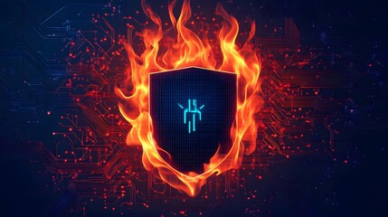 Burning circuit board firewall with digital flames technology security breach concept abstract cybersecurity danger background design