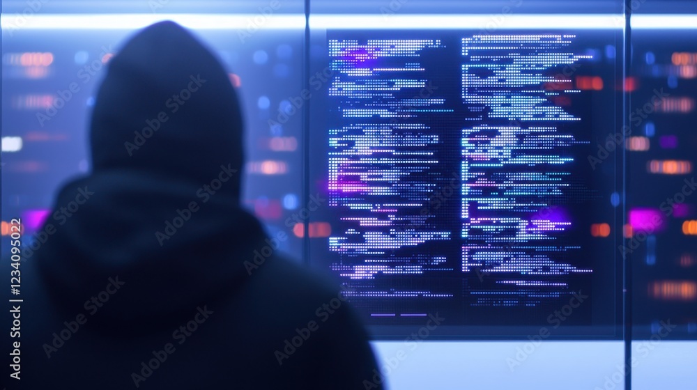 Poster mysterious figure analyzing code in digital environment