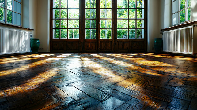 Sunlit parquet floor in a grand room, garden view