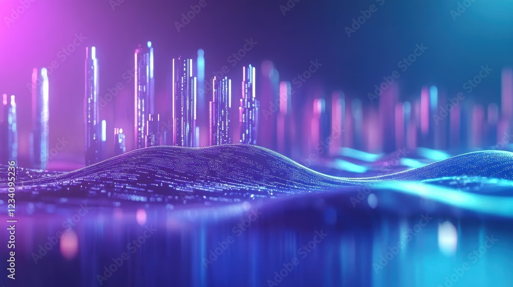 Poster networking technology and communication futuristic cityscape with interconnected lines and data stre