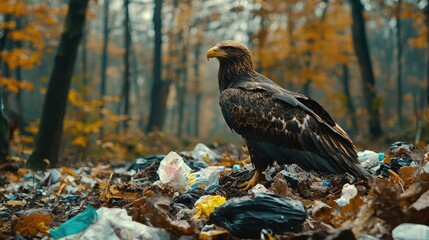 Lammergeier Eagle Standing Amidst Garbage in a Forest during Autumn, Captured in a Wide Angle Perspective