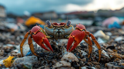 Vibrant Crab Standing on a Garbage-Littered Shoreline with a Scenic Backdrop at Golden Hour
