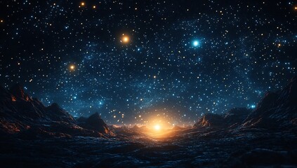 Obraz premium Alien Planet Sunrise: A breathtaking view of a starlit alien landscape, where majestic mountains meet a fiery sunrise under a sky brimming with countless stars.
