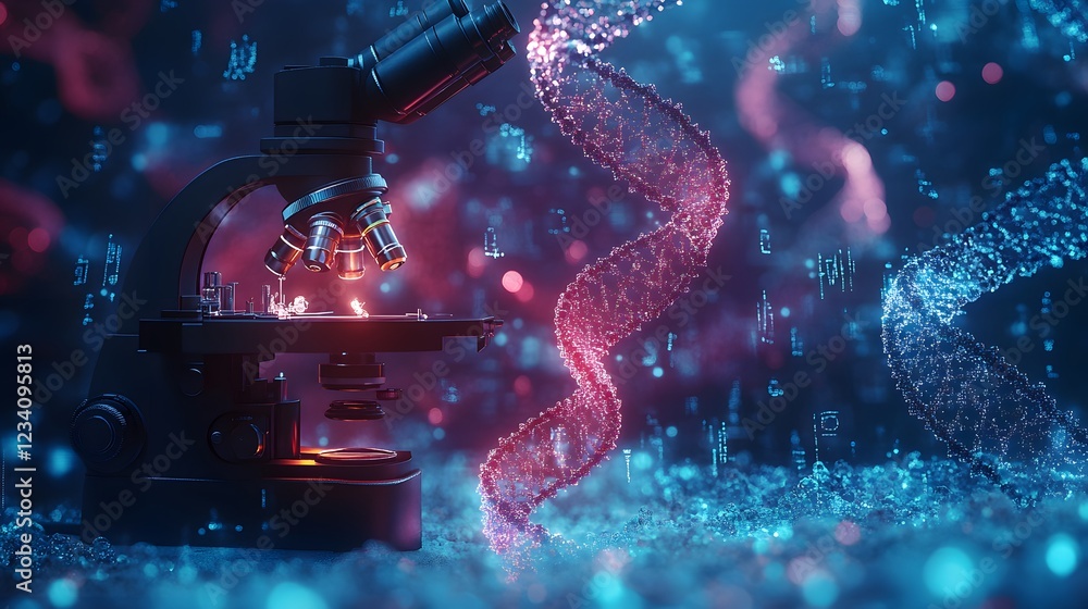 Aufkleber 3d rendering of dna strands being analyzed under a digital microscope surrounded by detailed chemica
