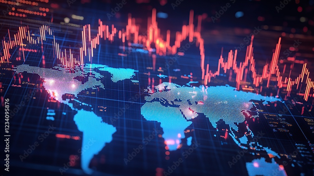 Poster world map with financial graphs and futuristic digital networks
