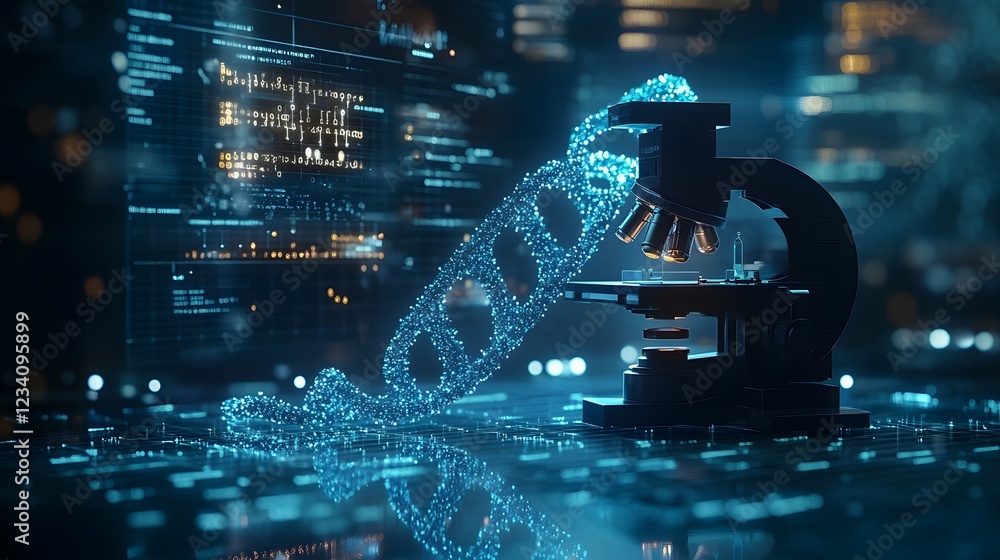 Aufkleber 3d rendering of dna strands being analyzed under a digital microscope surrounded by detailed chemica