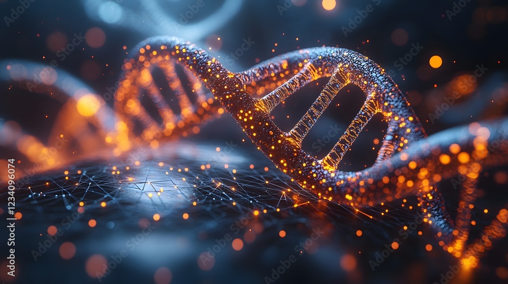 Poster 3d rendering of dna with molecular chemical structures and animated biological data streams set agai