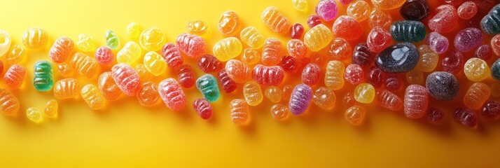 A Colorful Cascade of Sweet Delights: Vibrant Jelly Candies on Yellow Background