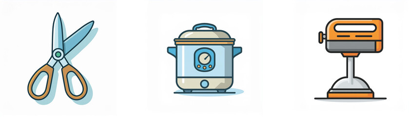Illustration of kitchen tools: scissors, slow cooker, and hand mixer.  Perfect for cooking and crafting.