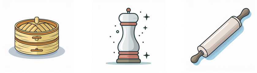 A steaming bamboo food steamer, a pepper grinder, and a rolling pin are illustrated.  These items represent cooking and baking tools.