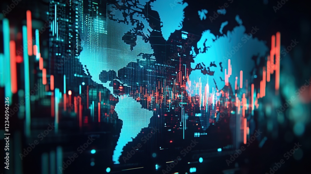 Poster world map with financial graphs and futuristic digital networks