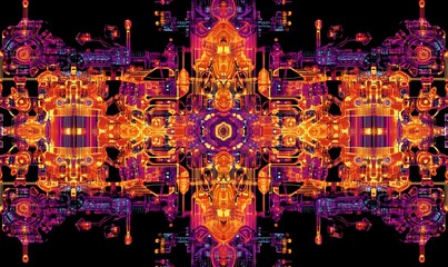 Abstract fractal art, symmetrical design, vibrant colors, complex machinery background, ideal for tech or fantasy