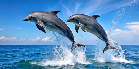 Obraz premium Dolphins Jumping Above Ocean Waves Under Clear Blue Sky