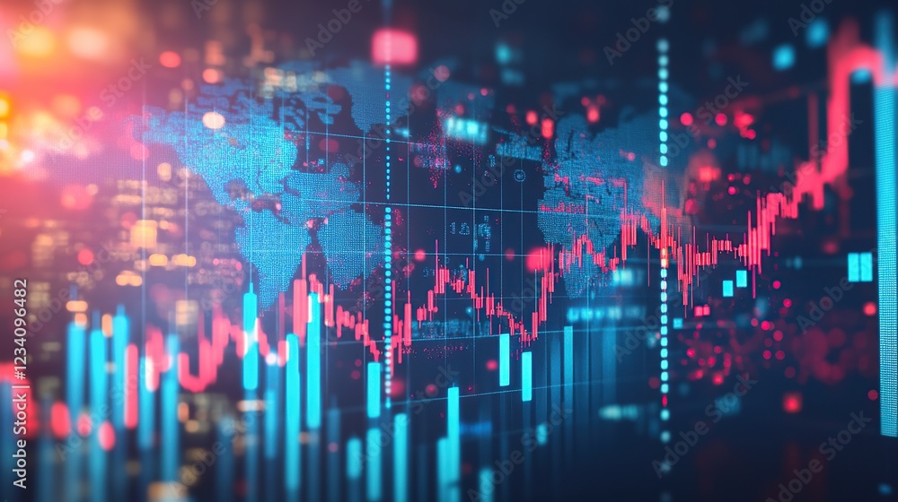 Poster world map with financial graphs and futuristic digital networks