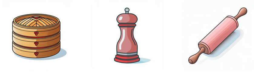 A stacked steamer, pepper mill, and rolling pin; kitchen tools for cooking and baking.