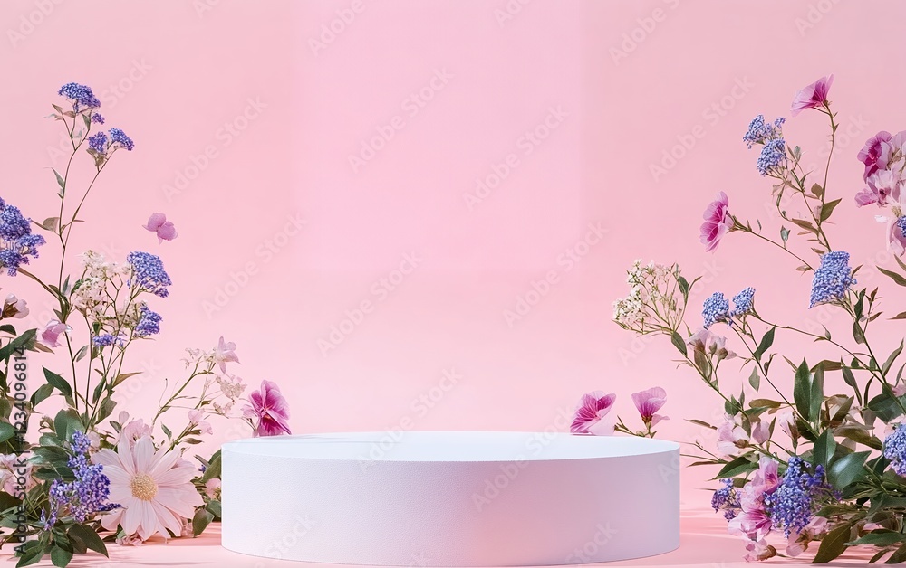 Poster elegant round white display platform surrounded by colorful spring flowers on soft pink background f