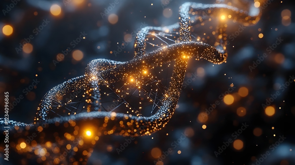 Poster 3d rendering of dna with molecular chemical structures and animated biological data streams set agai