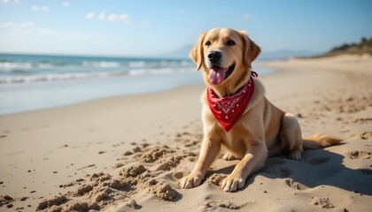Golden retriever with a red bandana and frisbee on a sandy beach during summer vacation