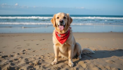 Golden retriever with a red bandana and frisbee on a sandy beach during summer vacation