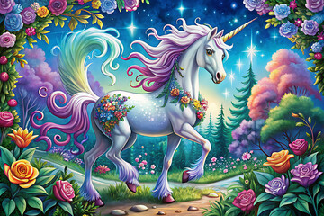 a beautiful and colorful unicorn falls on garland of flower and running in the forest art.