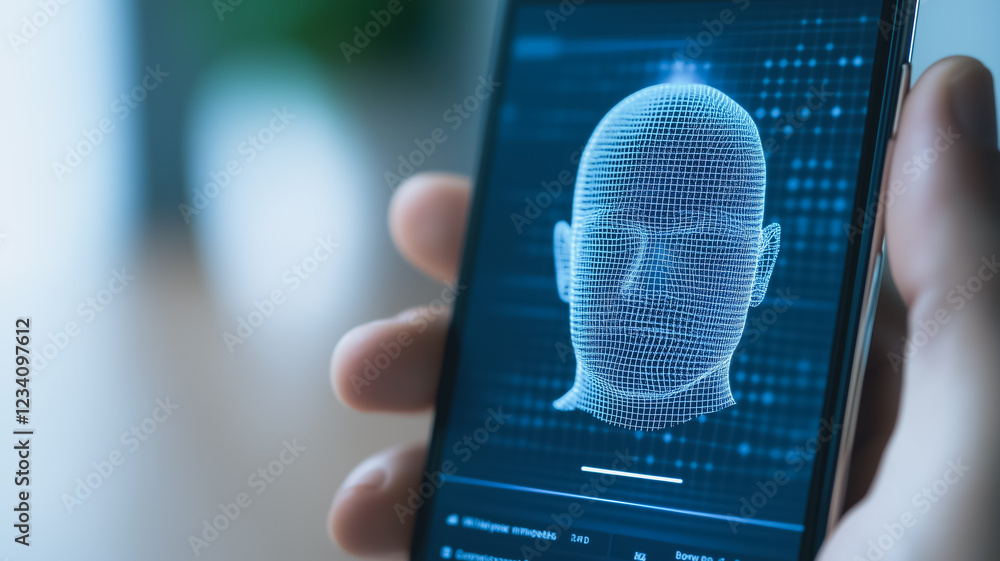 Aufkleber digital identity: a hand holds a smartphone displaying a 3d digital face, showcasing the concept of 