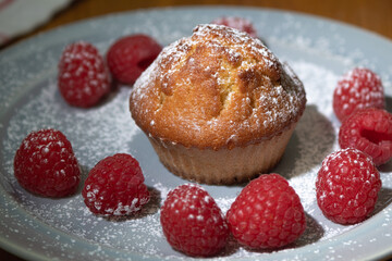 Fresh cupcake sprinkled with powdered sugar. Homemade cupcakes with raspberries. Photo