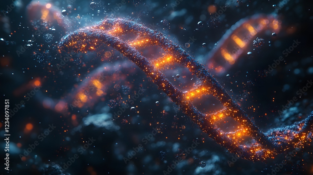 Poster 3d visualization of dna with floating chemical compounds and biological diagrams showcasing a scient