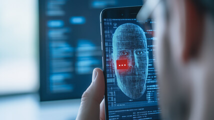 Digital Identity Verification: A close-up of a smartphone screen displaying a digital representation of a human face, with a red notification indicating failed authentication.
