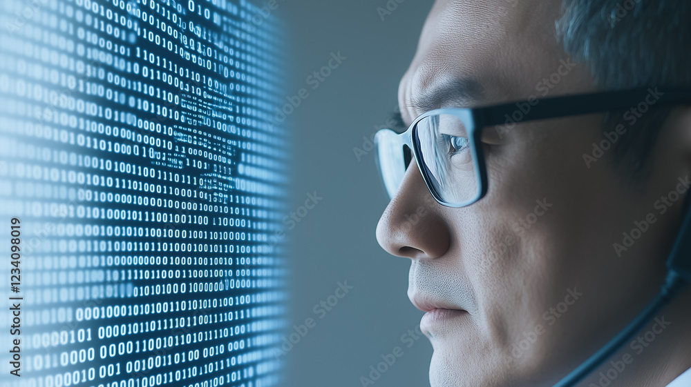 Poster codebreaker: a concentrated gaze, focused on a screen of swirling code, portrays the intense world o