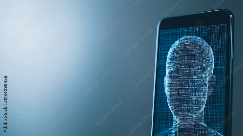 Poster digital identity: a 3d human head formed from lines of code on a smartphone screen. it is a powerful