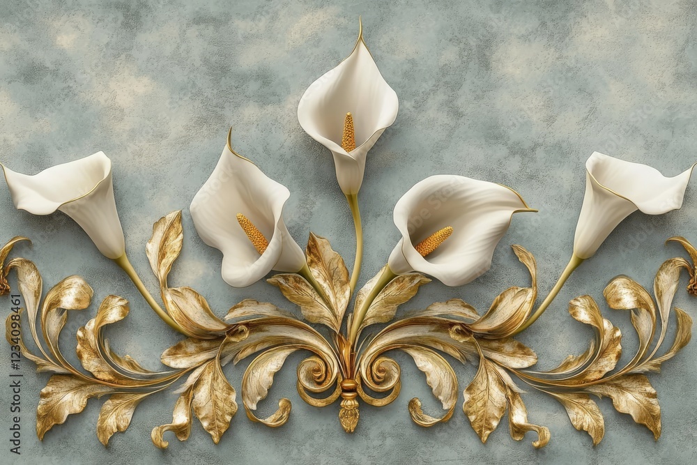 Wall mural In this stucco relief painting, white flowers are displayed against a white backdrop